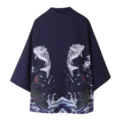Detail view of Japanese style kimono cardigan featuring traditional koi fish and wave back print. - M / Koi Fish (Top) / Blue