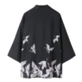 Japanese style crane print kimono cardigan back detail showing lightweight fabric and traditional pattern. - M / Crane (Top) / Black