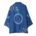 Japanese traditional style print open front kimono cardigan summer sun protection lightweight coat. - M / Tops / Blue