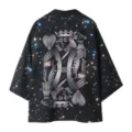 Japanese style kimono cardigan featuring starry galaxy print and unique king playing card graphic. - M / Tops / Black