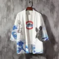 Japanese vintage ukiyo-e wave and fish print kimono cardigan haori with white tee top - S / Tops / Wave White