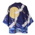 Japanese style kimono cardigan, vintage crane and moon print ukiyo-e loose outerwear. - M / Flying Crane (Top) / Blue