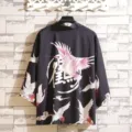 Japanese style crane print kimono cardigan loose retro ukiyo-e seven sleeve shirt top. - Crane Black