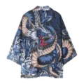 Close-up detail of Japanese dragon kimono cardigan showcasing vibrant ukiyo-e wave print. - M / Dragon Pattern (Top) / Black