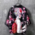 Japanese retro ukiyo-e cherry blossom geisha print 3/4 sleeve kimono cardigan for men and women. - Plum Blossom Girl