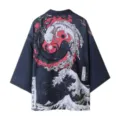 Japanese style vintage kimono cardigan men women sunscreen thin jacket ukiyo e graphic haori - M / Axolotl (Top) / Blue