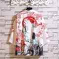 Japanese style vintage ukiyo-e crane cherry blossom print 3/4 sleeve kimono cardigan - Plum Crane White