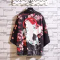 Japanese vintage ukiyo-e crane floral print kimono cardigan men women 3/4 sleeve top - Plum Crane Black