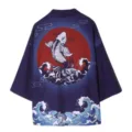 Japanese style koi fish print kimono cardigan haori retro ukiyo-e wave sun jacket for summer - M / Koi Fish (Top) / Purple