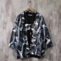 Japanese retro ukiyo-e crane wave print seven-sleeve kimono cardigan casual men women streetwear - Crane Black