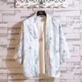 Japanese vintage crane wave print 3/4 sleeve kimono cardigan with white t-shirt streetwear. - Crane White