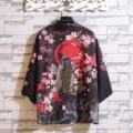 Japanese vintage ukiyo-e koi fish cherry blossom print kimono cardigan black variant. - Carp Black