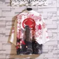 Japanese retro ukiyo-e koi fish print 3/4 sleeve casual kimono cardigan shirt for men and women - Carp White