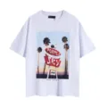 Close-up view of a white graphic t-shirt featuring a retro palm tree and bowling pin print. - S / Top (Style 2) / White