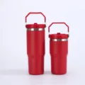 Red 30oz stainless steel insulated tumbler with portable handle for outdoor and car use. - Red