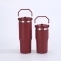 Stainless steel insulated tumbler with portable handle for outdoor car travel and use. - Cinnabar Red