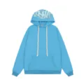 Blue fleece-lined hoodie detail, thick white drawstrings, graffiti hood print, pocket. - S / Tops / Blue