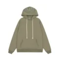 Olive green fleece-lined hoodie with thick drawstrings and graffiti hood detail for streetwear. - S / Tops / Army Green