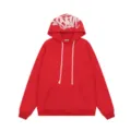 Felpa streetwear rossa con cappuccio graffiti rosa, cordoncini spessi e tasca a marsupio. - Taglia S / Top / Rosso