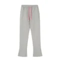 Grey fleece sweatpants with pink drawstring and flare hem, stylish Y2K casual streetwear trousers. - S / Bottoms / Gray