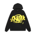 Black fleece-lined hoodie featuring a bold yellow graffiti letter print, streetwear fashion. - S / Tops / Black