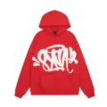 Red fleece hoodie detail featuring white graffiti letter print, front pocket and ribbed hem. - S / Tops / Red