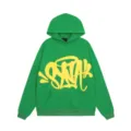 Green fleece hoodie streetwear Y2K style with bold yellow graffiti letter print detail. - S / Tops / Green