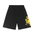 Black fleece shorts with yellow graffiti letter print, stylish streetwear Y2K casual fit. - S / Bottoms / Black