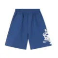 Casual blue streetwear shorts with white graffiti print, elastic drawstring waist and pockets. - S / Bottoms / Blue