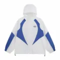 Colorblock hooded windbreaker jacket for men and women, trendy streetwear design with zip up front. - S / Tops / White And Blue