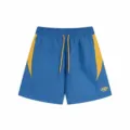 High streetwear contrast color shorts for men and women with embroidery details and drawstrings. - S / Bottoms / Blue and Yellow