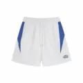 Close-up detail of white casual sports shorts with blue side panel block and contrast embroidery. - S / Bottoms / White And Blue