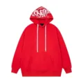 Red fleece-lined hoodie with white drawstrings and trendy graffiti hood print, high street style. - S / Top And Bottom / Red (D01)