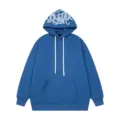 Blue fleece hoodie detail, white drawstrings, kangaroo pocket, hood graphic print. - S / Top And Bottom / Blue (D01)