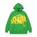 Felpa con cappuccio in pile verde da uomo e donna, stile streetwear Y2K con stampa graffiti gialla. - Taglia S / Sopra E Sotto / Verde (D03)