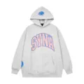 Felpa con cappuccio in pile grigia streetwear y2k con grafica rosa e blu sul petto. - Taglia S / Sopra E Sotto / Grigio