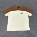 Brown and white colorblock short sleeve t-shirt with stylish chest embroidery detail. - S / Tops / Apricot