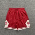 Red mesh sports shorts for men and women, elastic waist with white drawstring and brand logo. - S / Bottoms / Red