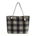 Vue détaillée du sac cabas en tweed à carreaux avec poignées épaisses en corde et grand espace. - Noir