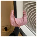 Sac à épaule en nylon léger pour femmes, sac hobo dumpling de couleur unie, sac quotidien. - Chaîne Double / Double Chaîne Rose