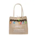 Sac cabas en jute décontracté avec des pompons colorés, des poignées tressées et un bouton. - Noir