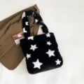 Sac cabas en peluche etoiles noir et blanc, sac bandouliere duveteux pour femmes usage quotidien. - Étoile Noir