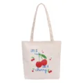 Sac cabas en toile beige décontracté avec joli imprimé cerise et grande capacité pour femmes. - Style Vertical / Blanc