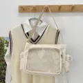Sac bandoulière en toile style japonais avec poche avant en filet transparent. - Beige