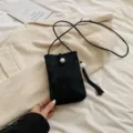 Mini sac bandoulière élégant en velours noir pour téléphone avec perle et glands chic. - Sans pendentif / Noir
