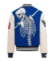 Vintage skeleton embroidery varsity jacket unisex streetwear baseball coat blue and beige. - S / Style 4