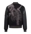 Back detail view of black varsity jacket featuring detailed skull skeleton embroidery design. - S / Style 2