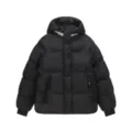 Black hooded puffer jacket with warm cotton filling, zipper pockets and ribbed cuffs detail. - Black