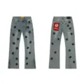 Washed blue straight denim jeans with black gothic embroidery, stylish streetwear for daily use. - XL=34 / Washed Blue