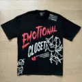 Black streetwear short sleeve t-shirt with emotional closet graphic print and angel design. - S / Tops / Black